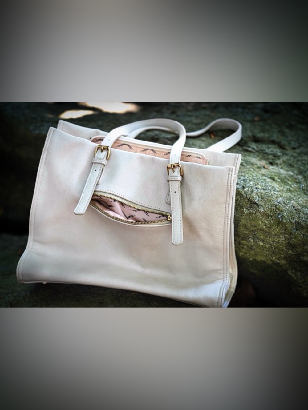 Urban Expressions Cream Vegan Leather Tote - Buckle Straps - Pink Lining